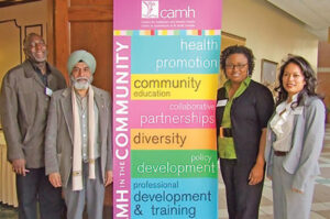 4 people demonstrating diversity flanking a list of community participation attributes