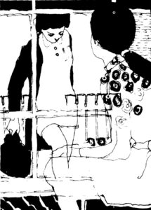 Ink sketch 1970s style of woman sitting at window and another woman coming towards her