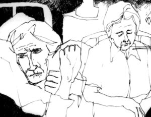 ink sketch of sad looking elderly hospital patients