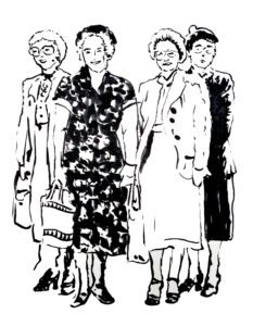 ink sketch of 4 "society ladies" wearing 1950s clothing