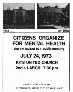 poster depicting an institution and a community home, calling for citizens to come to a public meeting and organize, July 24, 1973