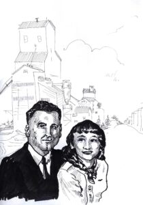 ink sketch of 1950s man and woman in front of prairie grain elevators
