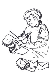 ink sketch of person putting paper in envelope