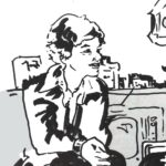 ink sketch of young woman speaking with elderly couple in home