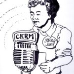 ink sketch of 1950s boy speaking into radio microphone, wearing "Junior Jury" pin on sweater
