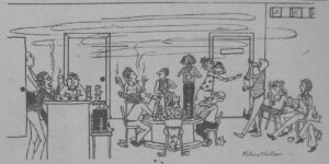 Sketch of people at a lively drop-in, socializing and drinking coffee