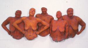 photo of group of smiling naked female sculptures standing united, proud and happy