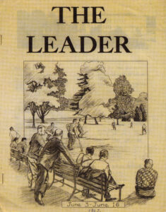 magazine cover with the title "The Leader" and a sketch of people seated on a park bench watching other people playing a game
