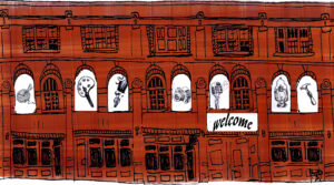Ink and colour sketch of PARC façade with "Welcome" above door and pictures depicting activies in windows