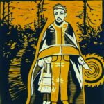 Print of an Aboriginal man standing in the middle with his cloak covering the top of a little girls head who is standing under the cloak by his leg. There are circles eminating from an object in the man's hand. 