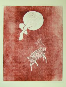 print of small animal looking upward