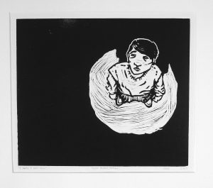 An almost entirely black print with a small figure standing on the right surrounded by a white semicircle. The figure is looking up at the viewer with a slightly sad expression.
