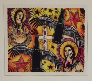 multi-coloured print with religious symbols, gravemarker, bootles, wings and stars