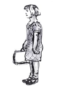 old fashioned girl holding suitcase
