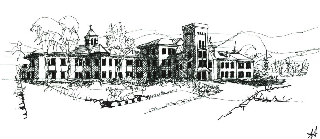 black and white sketch of old asylum with central tower