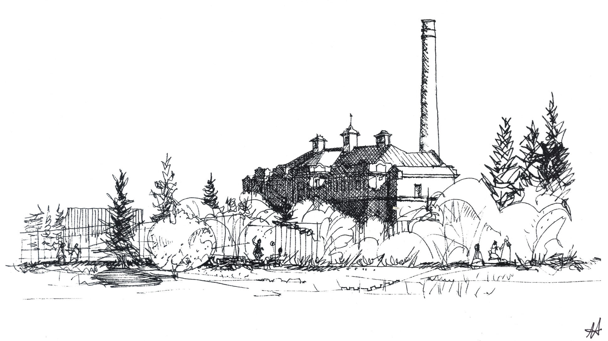 sketch of large institution behind some trees, tall smoke stack visible