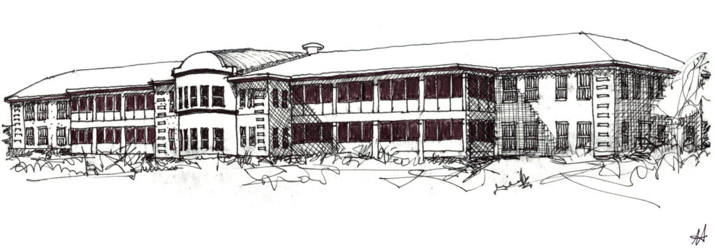 sketch of modern institutional building with verandas