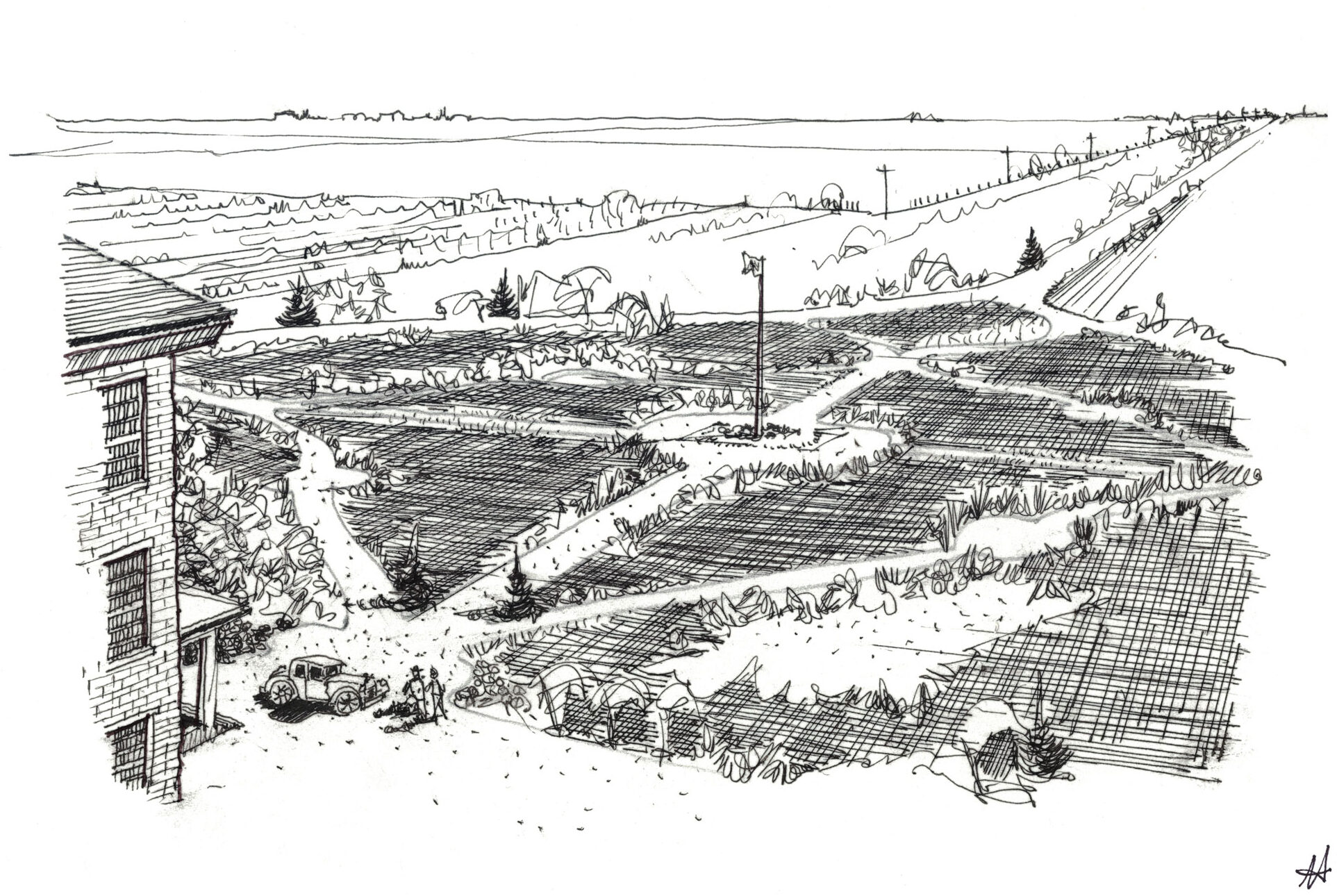 sketch of entrance to an institution from the vantage of the facility, upstairs 